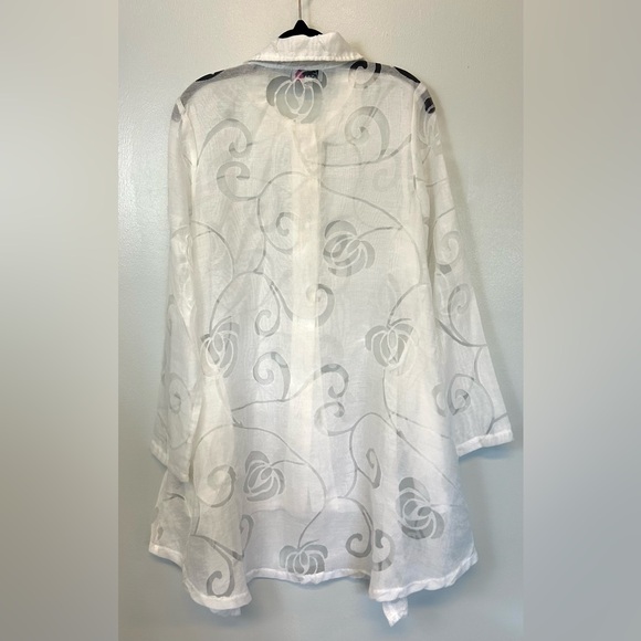 Emma G Lagenlook Duster Sz Medium White Sheer‎ Floral Linen Topper Coverup Tunic - Picture 4 of 6